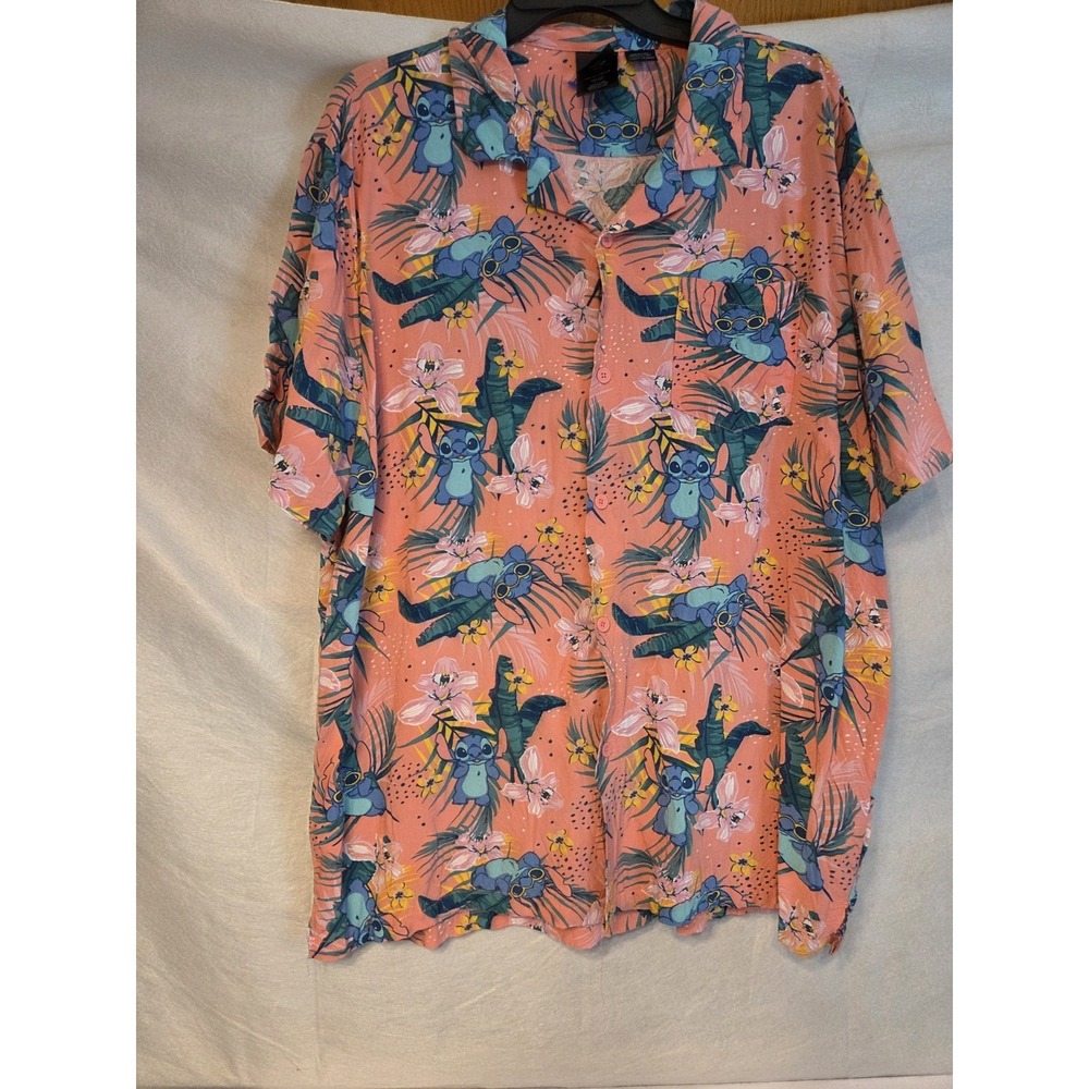 Disney Lilo & Stitch Men's Shirt Medium Button Down Hawaiian Pink Funny